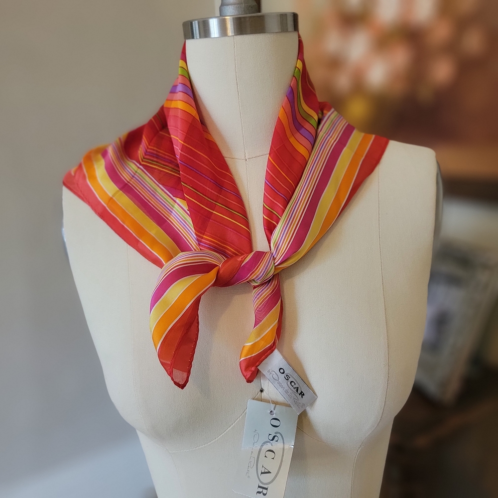 Deadstock Vintage Oscar de la Renta Red Retro Stripe Silk Scarf Head Wrap NWT - Picture 5 of 9